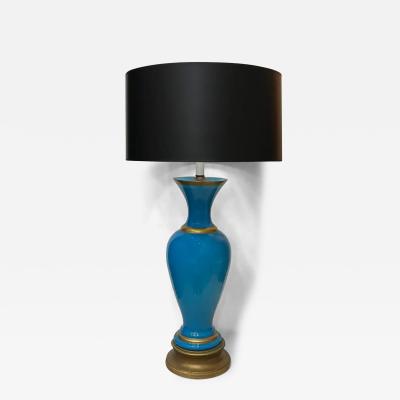 1950s French Blue Opaline Glass Table Lamps With Gilt Details Pair
