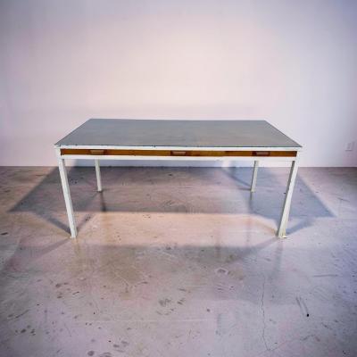 1950s French Modernist 3 Drawer Sleek Oak and Metal Frame Desk