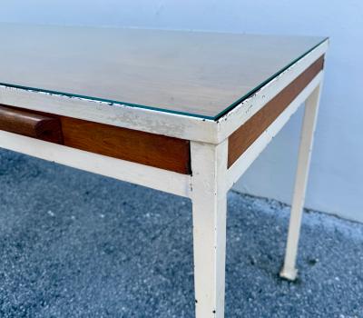 1950s French Modernist 3 Drawer Sleek Oak and Metal Frame Desk
