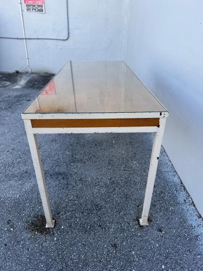 1950s French Modernist 3 Drawer Sleek Oak and Metal Frame Desk