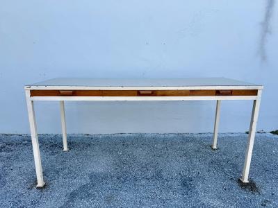 1950s French Modernist 3 Drawer Sleek Oak and Metal Frame Desk