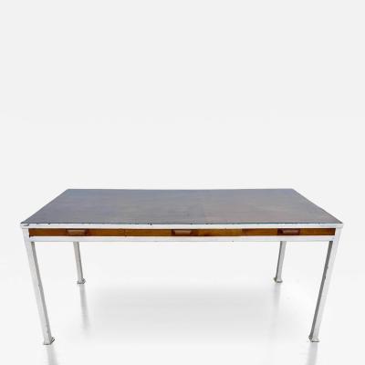 1950s French Modernist 3 Drawer Sleek Oak and Metal Frame Desk