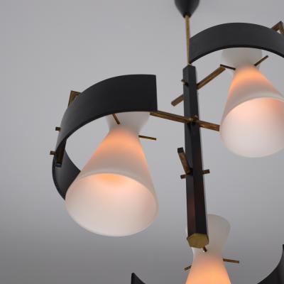 1950s Italian Brass Black Lacquered Chandelier with Opaline Glass Shades