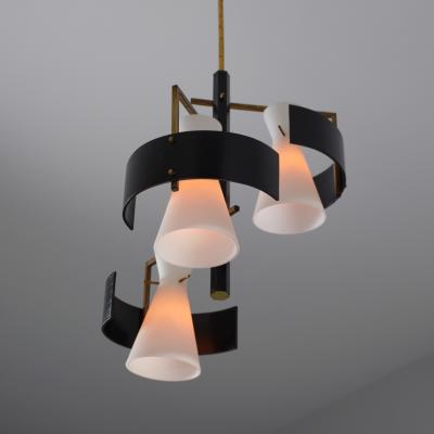 1950s Italian Brass Black Lacquered Chandelier with Opaline Glass Shades