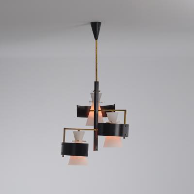 1950s Italian Brass Black Lacquered Chandelier with Opaline Glass Shades