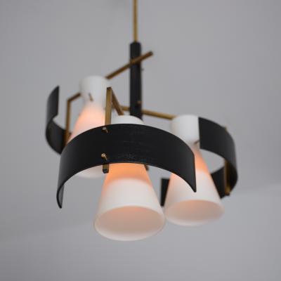 1950s Italian Brass Black Lacquered Chandelier with Opaline Glass Shades