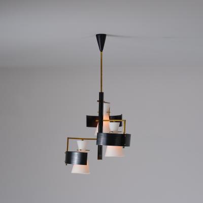 1950s Italian Brass Black Lacquered Chandelier with Opaline Glass Shades