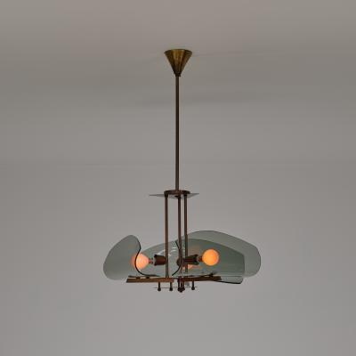 1950s Italian Brass Chandelier with Curved Smoked Glass Shades 3 Light