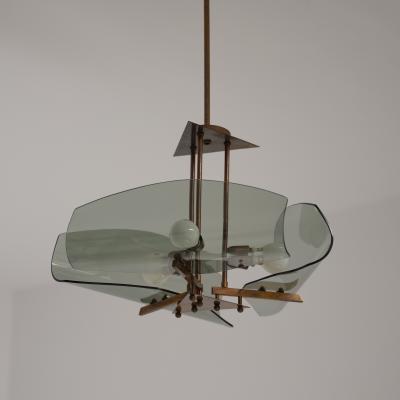 1950s Italian Brass Chandelier with Curved Smoked Glass Shades 3 Light