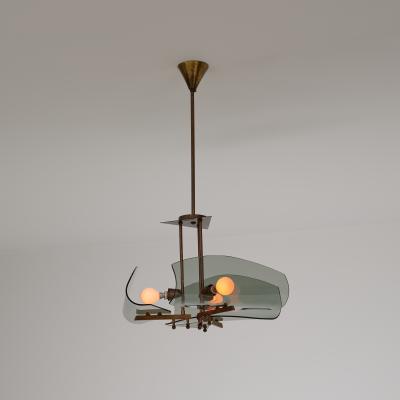 1950s Italian Brass Chandelier with Curved Smoked Glass Shades 3 Light
