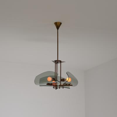 1950s Italian Brass Chandelier with Curved Smoked Glass Shades 3 Light