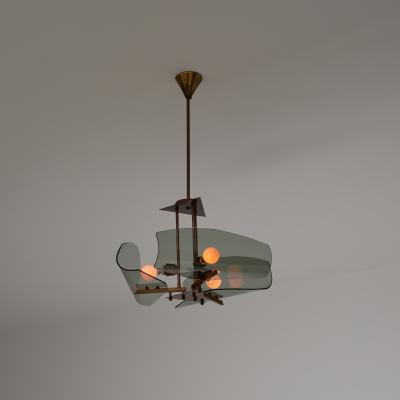 1950s Italian Brass Chandelier with Curved Smoked Glass Shades 3 Light