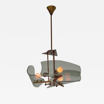 1950s Italian Brass Chandelier with Curved Smoked Glass Shades 3 Light