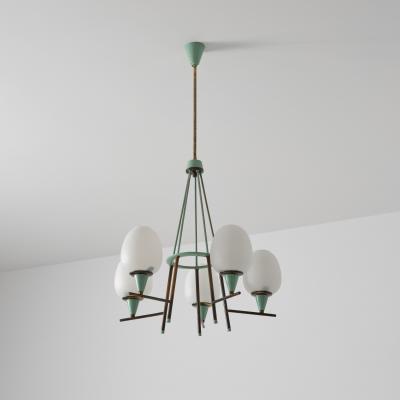 1950s Italian Brass Green Lacquered Metal and Opaline Glass Chandelier