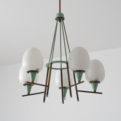 1950s Italian Brass Green Lacquered Metal and Opaline Glass Chandelier