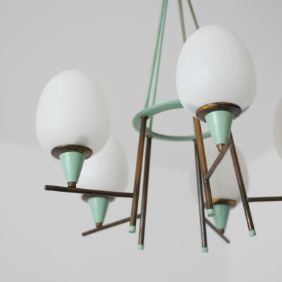 1950s Italian Brass Green Lacquered Metal and Opaline Glass Chandelier