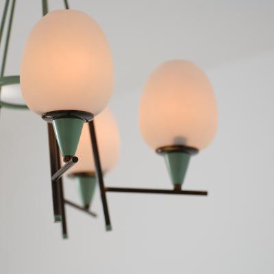 1950s Italian Brass Green Lacquered Metal and Opaline Glass Chandelier