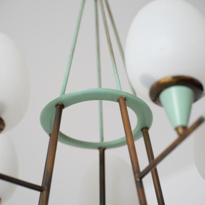 1950s Italian Brass Green Lacquered Metal and Opaline Glass Chandelier