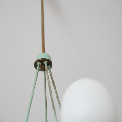 1950s Italian Brass Green Lacquered Metal and Opaline Glass Chandelier