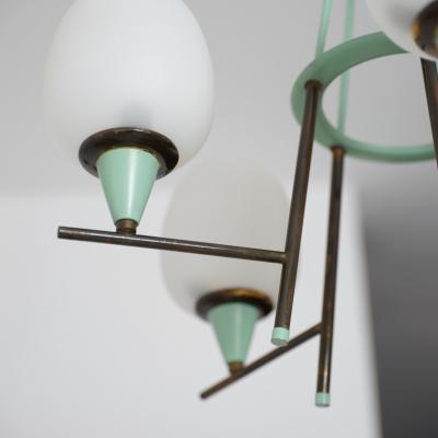 1950s Italian Brass Green Lacquered Metal and Opaline Glass Chandelier