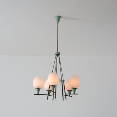 1950s Italian Brass Green Lacquered Metal and Opaline Glass Chandelier
