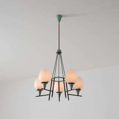 1950s Italian Brass Green Lacquered Metal and Opaline Glass Chandelier