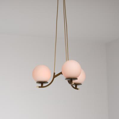 1950s Italian Brass Pendant Lamp with Opaline Glass Spheres