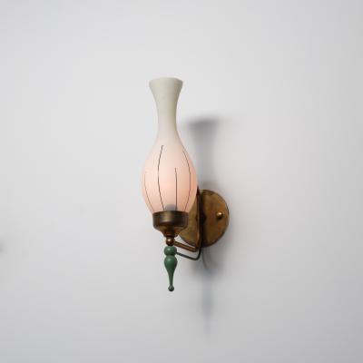 1950s Italian Brass and Green Enamel Wall Sconce with Sculpted Opaline Shade