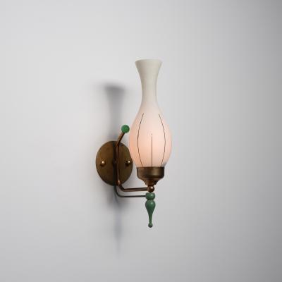 1950s Italian Brass and Green Enamel Wall Sconce with Sculpted Opaline Shade