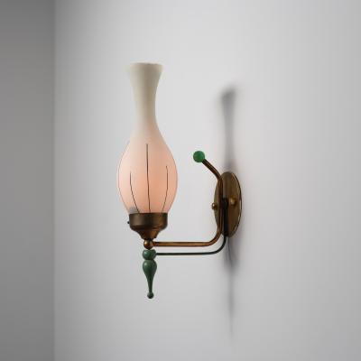 1950s Italian Brass and Green Enamel Wall Sconce with Sculpted Opaline Shade