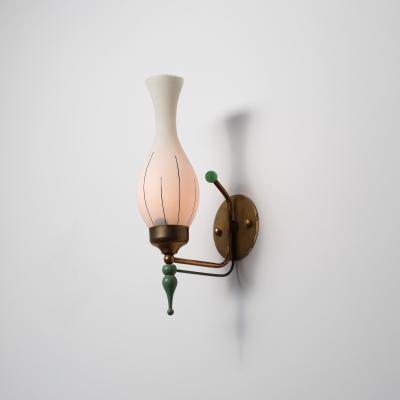 1950s Italian Brass and Green Enamel Wall Sconce with Sculpted Opaline Shade