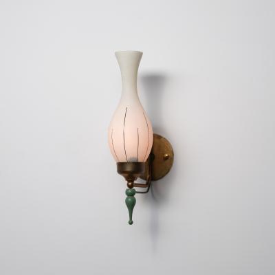 1950s Italian Brass and Green Enamel Wall Sconce with Sculpted Opaline Shade