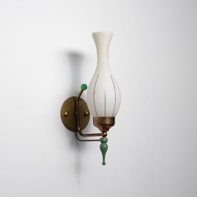 1950s Italian Brass and Green Enamel Wall Sconce with Sculpted Opaline Shade