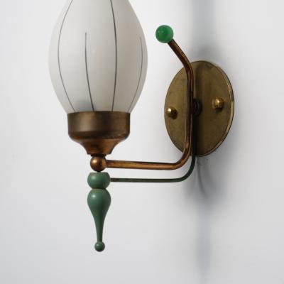 1950s Italian Brass and Green Enamel Wall Sconce with Sculpted Opaline Shade