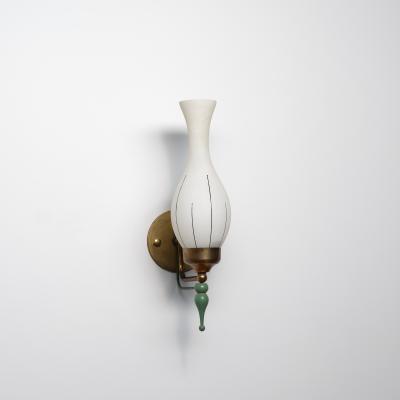 1950s Italian Brass and Green Enamel Wall Sconce with Sculpted Opaline Shade