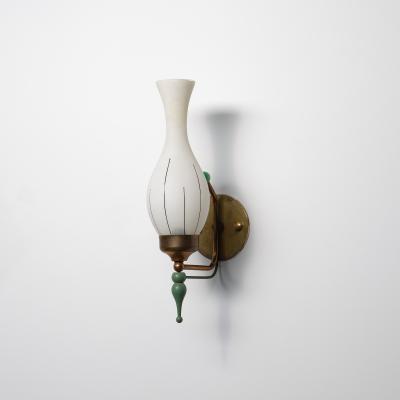 1950s Italian Brass and Green Enamel Wall Sconce with Sculpted Opaline Shade