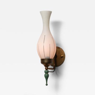 1950s Italian Brass and Green Enamel Wall Sconce with Sculpted Opaline Shade