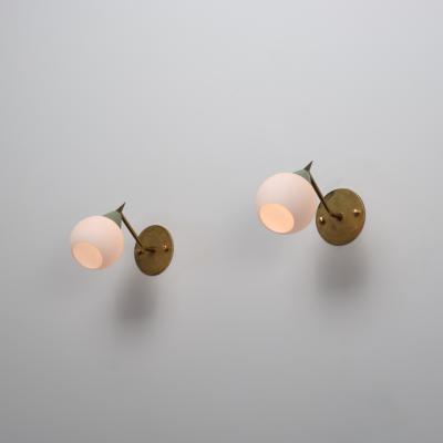 1950s Italian Brass and Opaline Glass Sconces with Light Green Details
