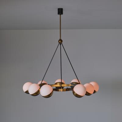 1950s Italian Chandelier by Stilnovo in Brass Black Enamel and Opaline Glass