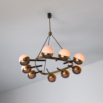 1950s Italian Chandelier by Stilnovo in Brass Black Enamel and Opaline Glass