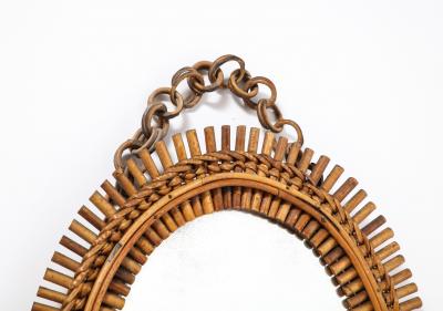 1950s Italian Oval Bamboo Mirror with Chain and Velvet Backing