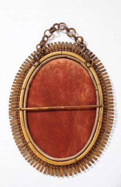 1950s Italian Oval Bamboo Mirror with Chain and Velvet Backing