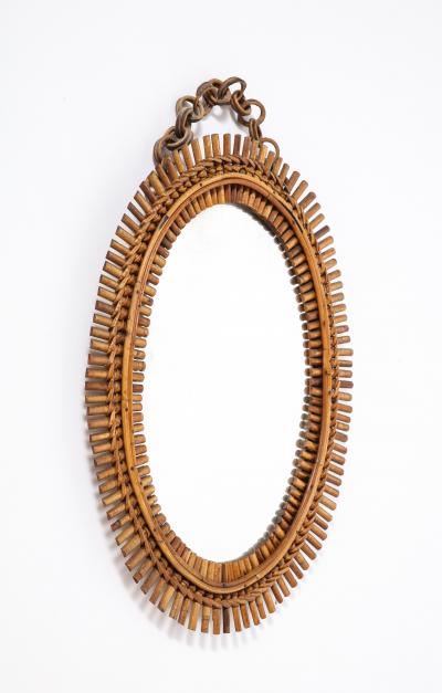 1950s Italian Oval Bamboo Mirror with Chain and Velvet Backing