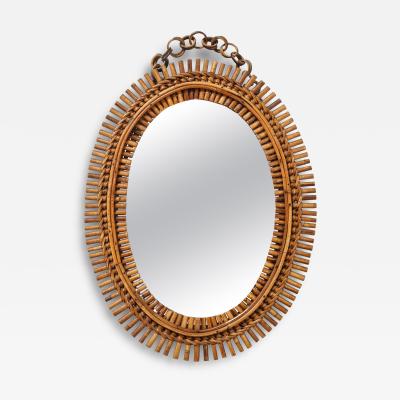 1950s Italian Oval Bamboo Mirror with Chain and Velvet Backing