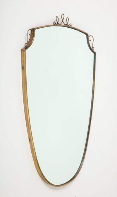 1950s Italian Shield Shaped Brass Mirror with Scrolls