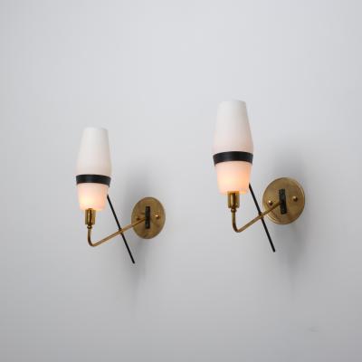 1950s Italian Stilnovo Brass and Opaline Glass Wall Sconces