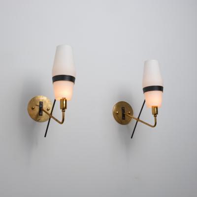 1950s Italian Stilnovo Brass and Opaline Glass Wall Sconces