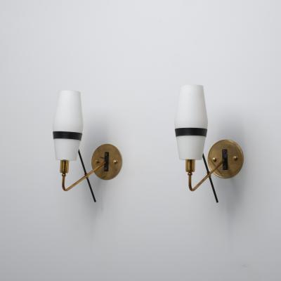 1950s Italian Stilnovo Brass and Opaline Glass Wall Sconces