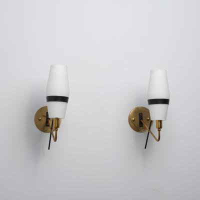1950s Italian Stilnovo Brass and Opaline Glass Wall Sconces