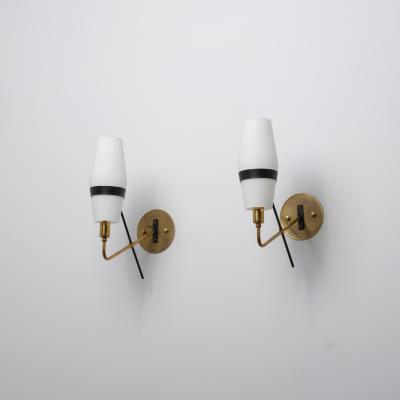 1950s Italian Stilnovo Brass and Opaline Glass Wall Sconces